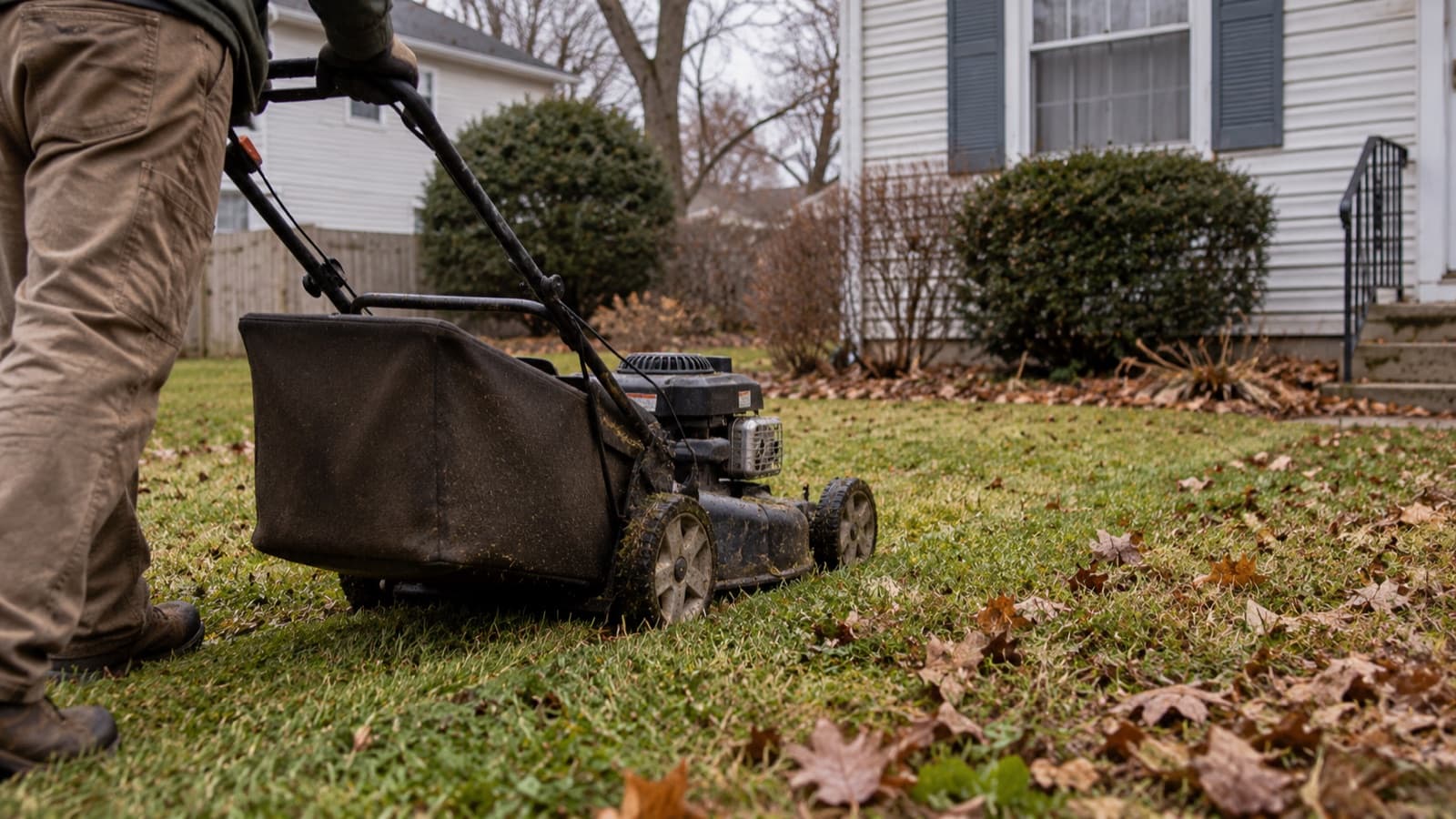 A walk behind mower being pushed across a suburban front lawn scattered with fallen autumn leaves, the house and its front steps behind.