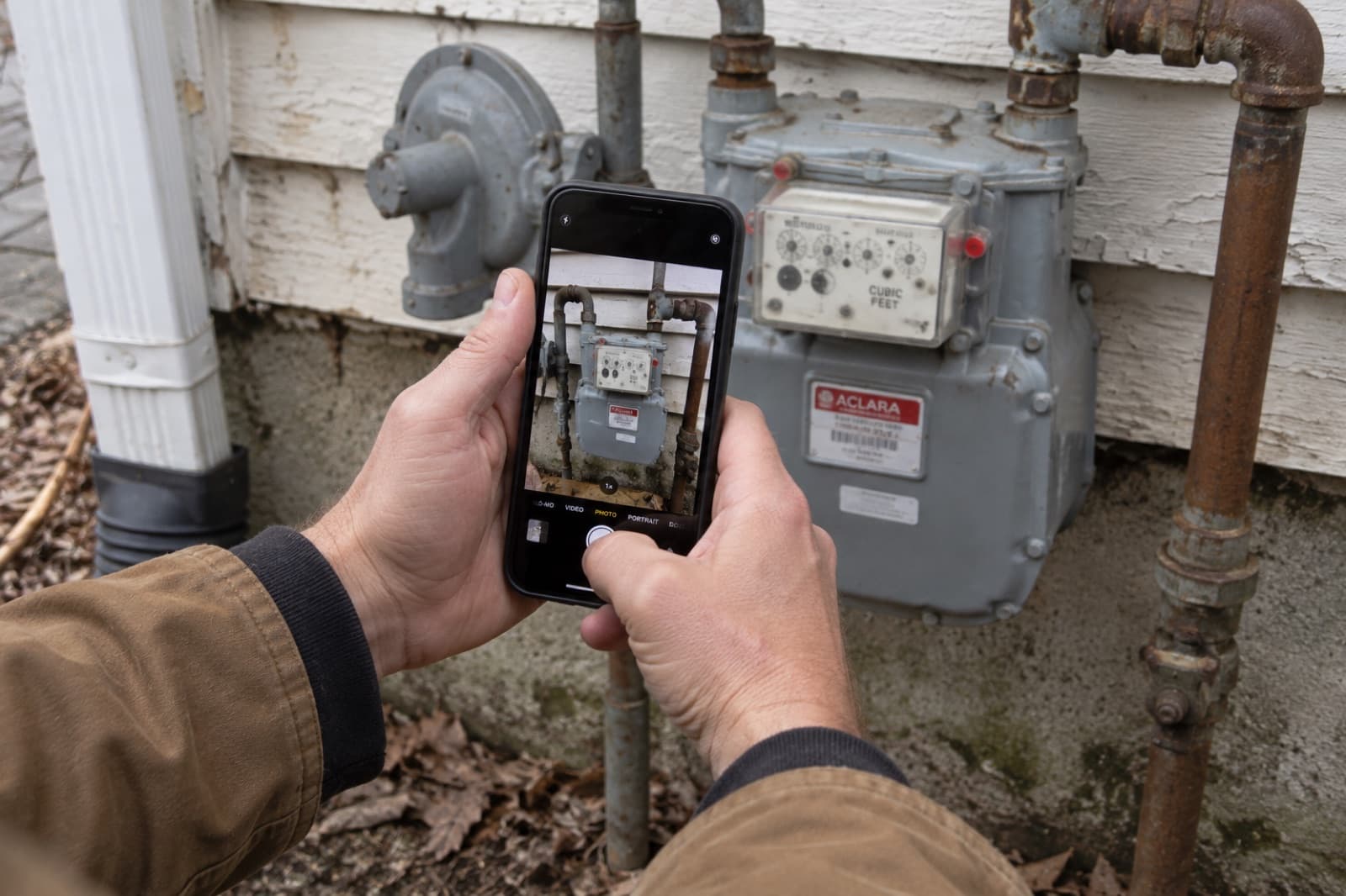 Two hands holding a phone, photographing a gas meter and its pipework on the outside wall of an older house.
