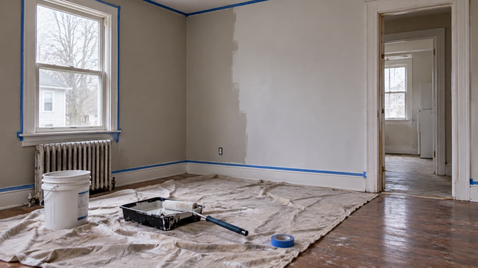 An empty rental room part way through repainting, with blue tape along the trim, a dust sheet on the floorboards and a roller resting in a paint tray.