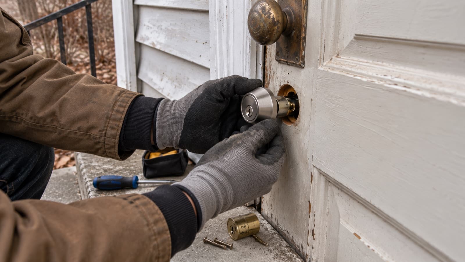 Two gloved hands fitting a new deadbolt cylinder into the weathered front door of an older house, with the old brass cylinder, screws and a screwdriver on the step below.