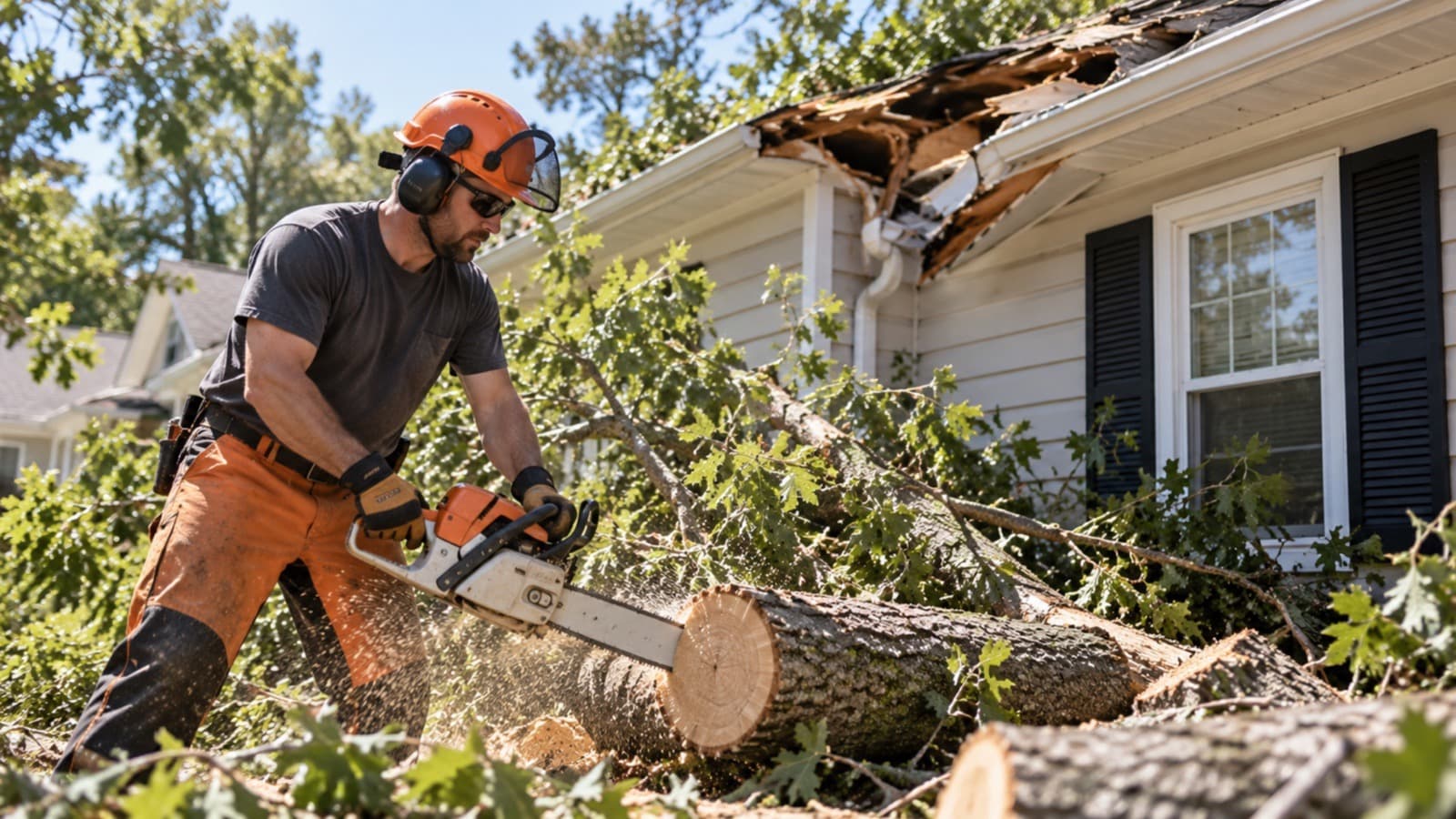 A worker in a hard hat and ear defenders cutting up a fallen oak with a chainsaw beside a pale clapboard house, the roof and eaves visibly torn open above him where the tree came down.