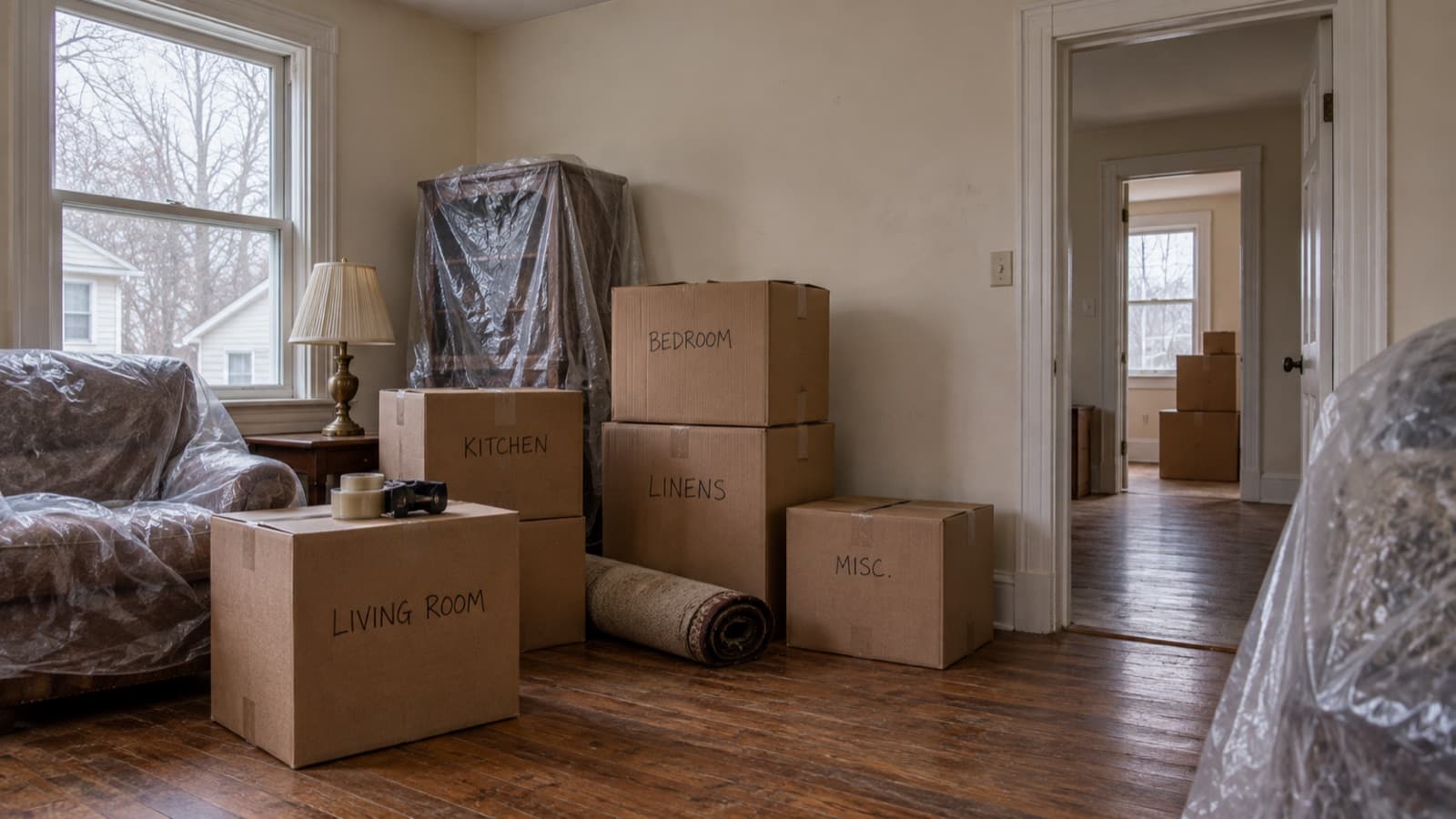 The living room of an older house part way through a clear out, with cardboard boxes labelled by room stacked neatly on the floor and the furniture covered in plastic sheeting.