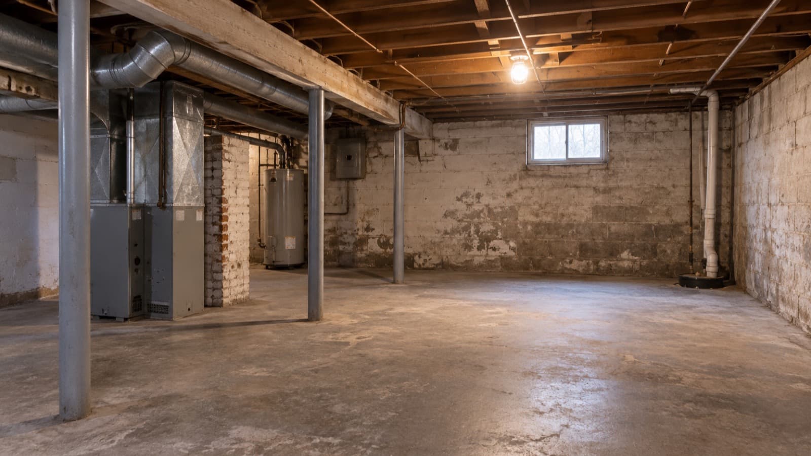 An emptied basement with a swept concrete floor, exposed joists overhead, a furnace, water heater and electrical panel against the far wall, lit by a single bulb and a small window.