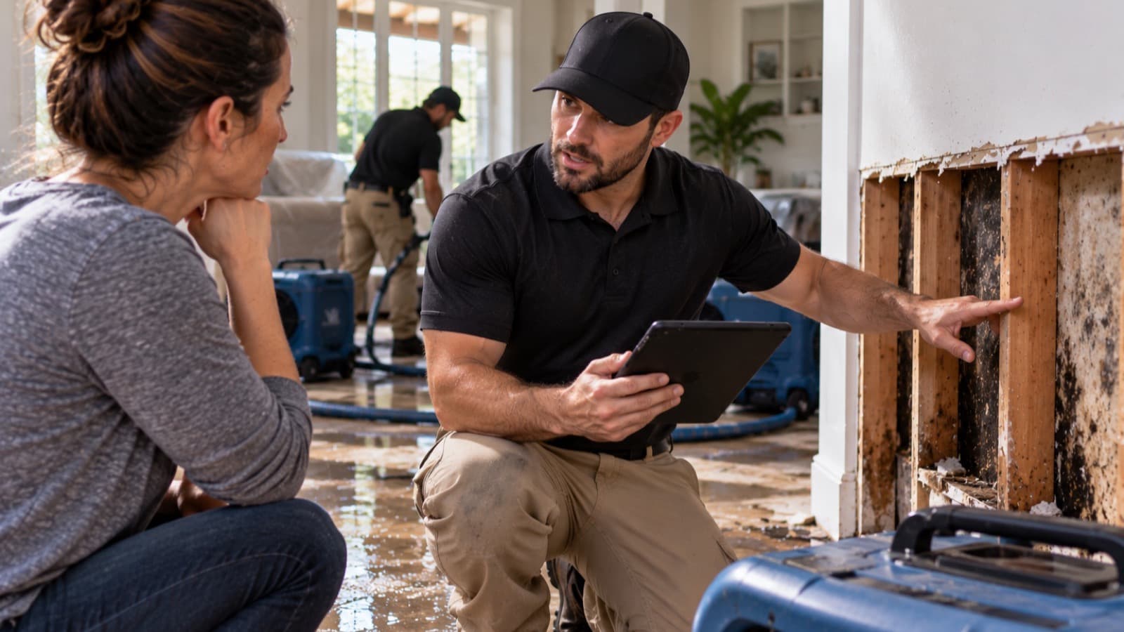 A remediation technician crouching beside a homeowner on a wet floor, holding a tablet and pointing at black mold growth on studs behind a stripped back wall, with drying equipment running in the room behind them.