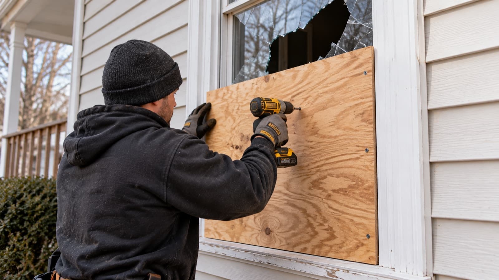 A sheet of plywood being screwed over a broken ground floor window on the side of an older house, the cracked pane still visible above it.